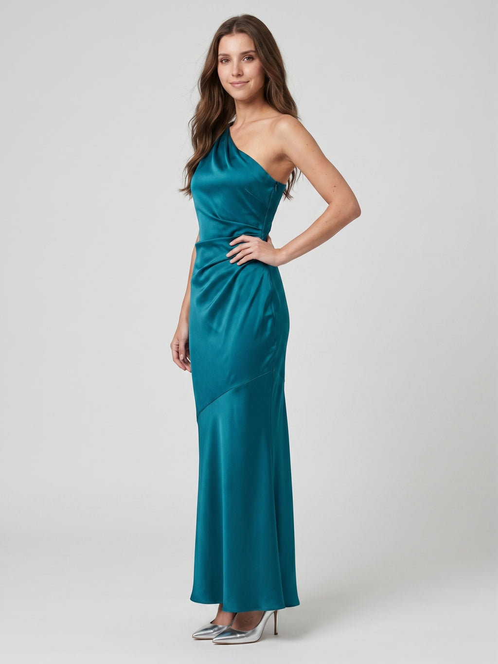 Elegant Teal Satin column One Shoulder Backless Ankle-Length Bridesmaid Dress