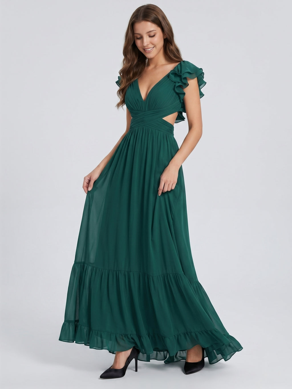 Peacock Chiffon A-Line V-Neck Criss-Cross Back Floor-Length Ruffle Bridesmaid Dress
