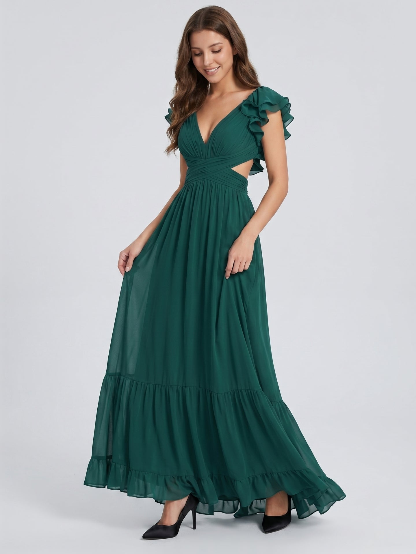 Peacock Chiffon A-Line V-Neck Criss-Cross Back Floor-Length Ruffle Bridesmaid Dress