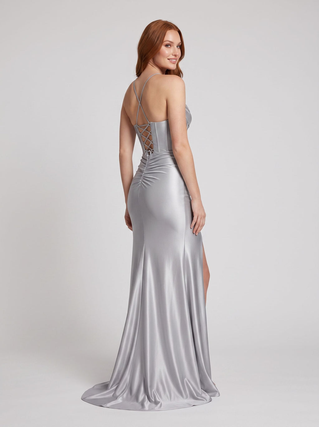 Silver Satin column V-Neck Lace-up Floor-Length Dress with Beaded Neckline & Slit