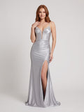Silver Satin column V-Neck Lace-up Floor-Length Dress with Beaded Neckline & Slit