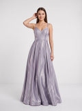 Purple Sequins A-Line V-Neck Back Zip Floor-Length Dress with Banded Waist