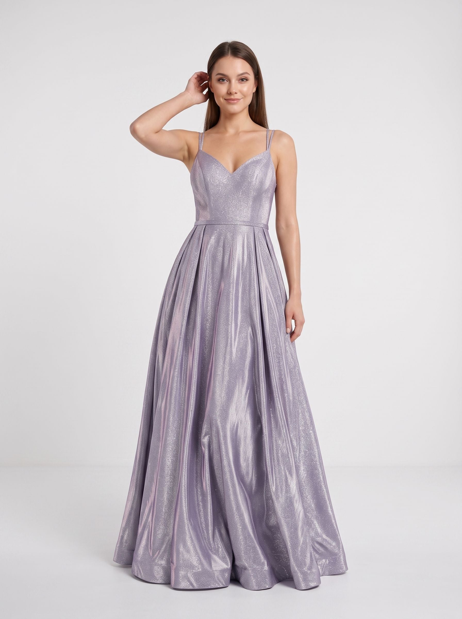 Purple Sequins A-Line V-Neck Back Zip Floor-Length Dress with Banded Waist