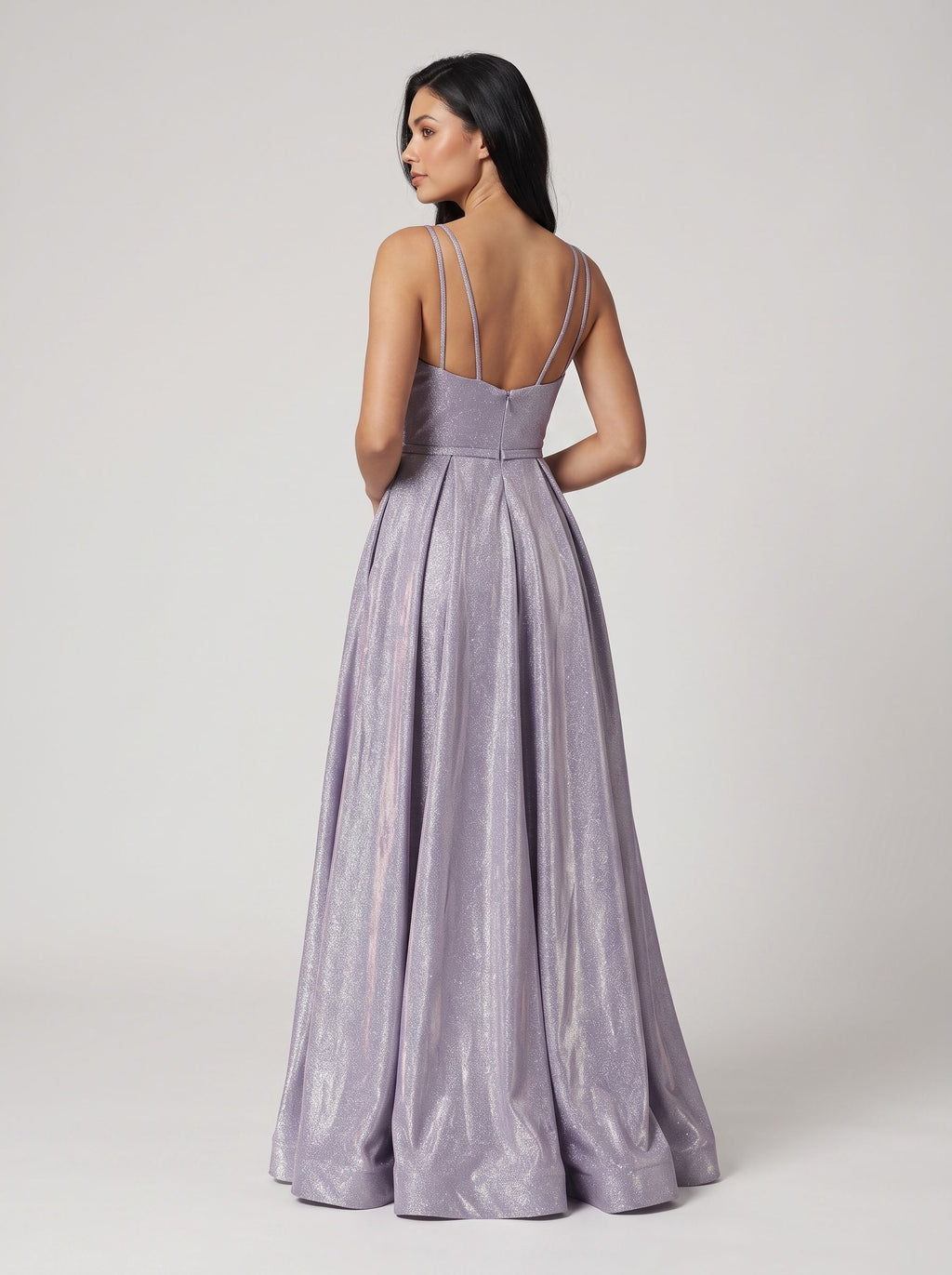 Purple Sequins A-Line V-Neck Back Zip Floor-Length Dress with Banded Waist