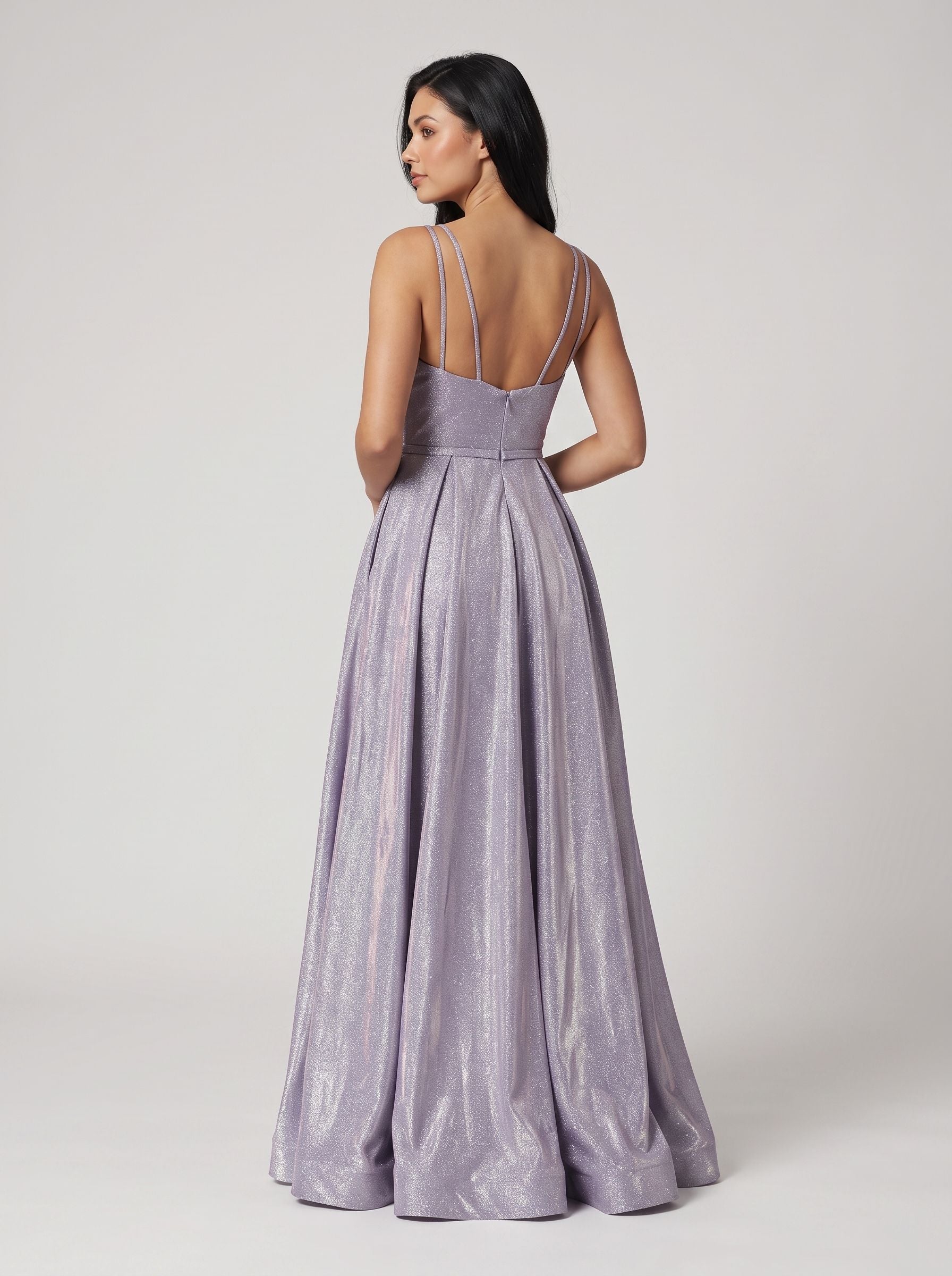 Purple Sequins A-Line V-Neck Back Zip Floor-Length Dress with Banded Waist