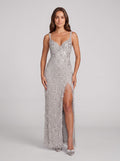 Silver Mesh column V-Neck V-Back Floor-Length Dress with Beaded Fringe