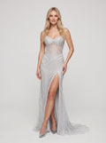 Silver Satin Mermaid  V-Neck Lace-up Floor-Length Dress with Beaded Bodice