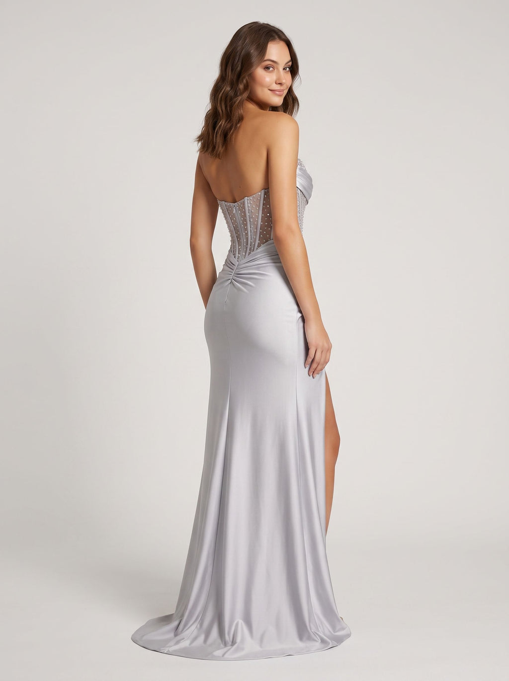 Silver Satin Sheath Straight Neck Corset Back Floor-Length Dress with Rhinestones & Slit