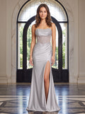 Silver Satin Sheath Straight Neck Corset Back Floor-Length Dress with Rhinestones & Slit