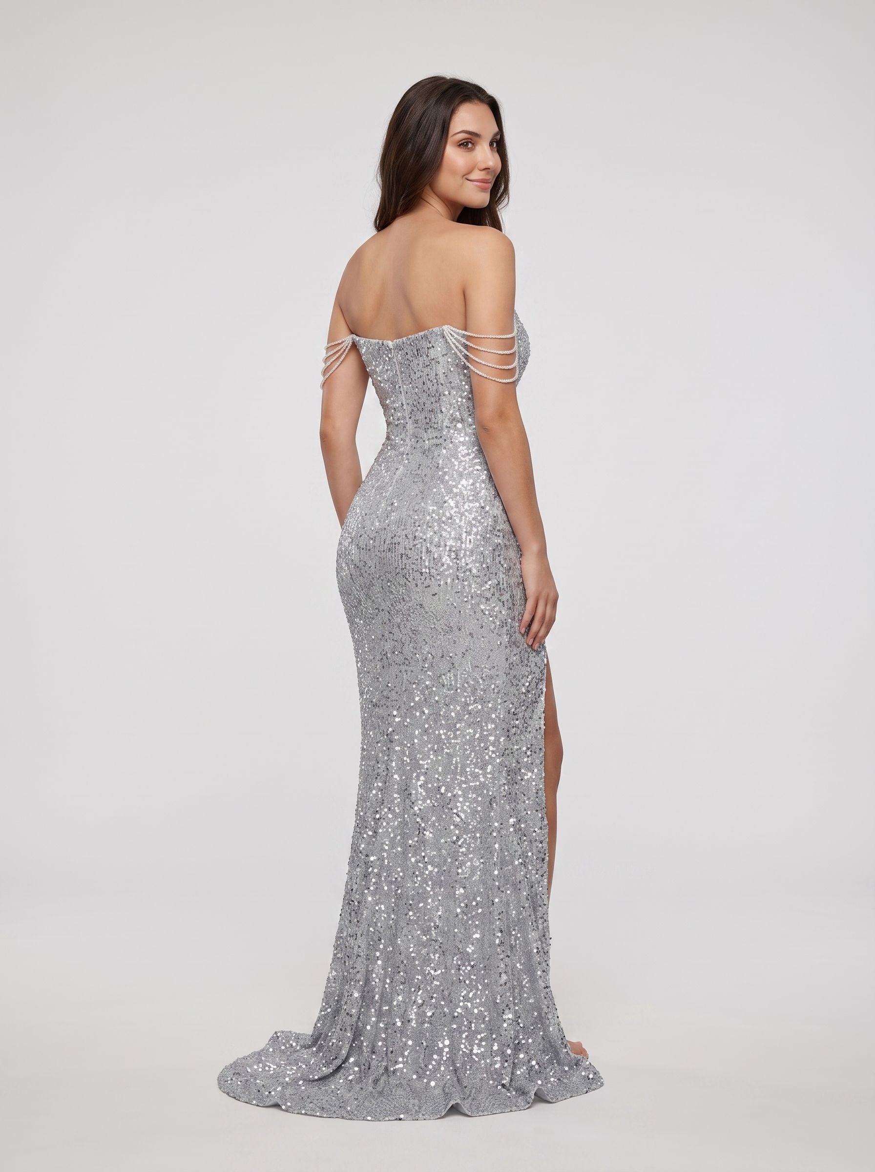 Silver Sequins Sheath Off-the-Shoulder Back Zip Floor-Length Dress with High Side Slit
