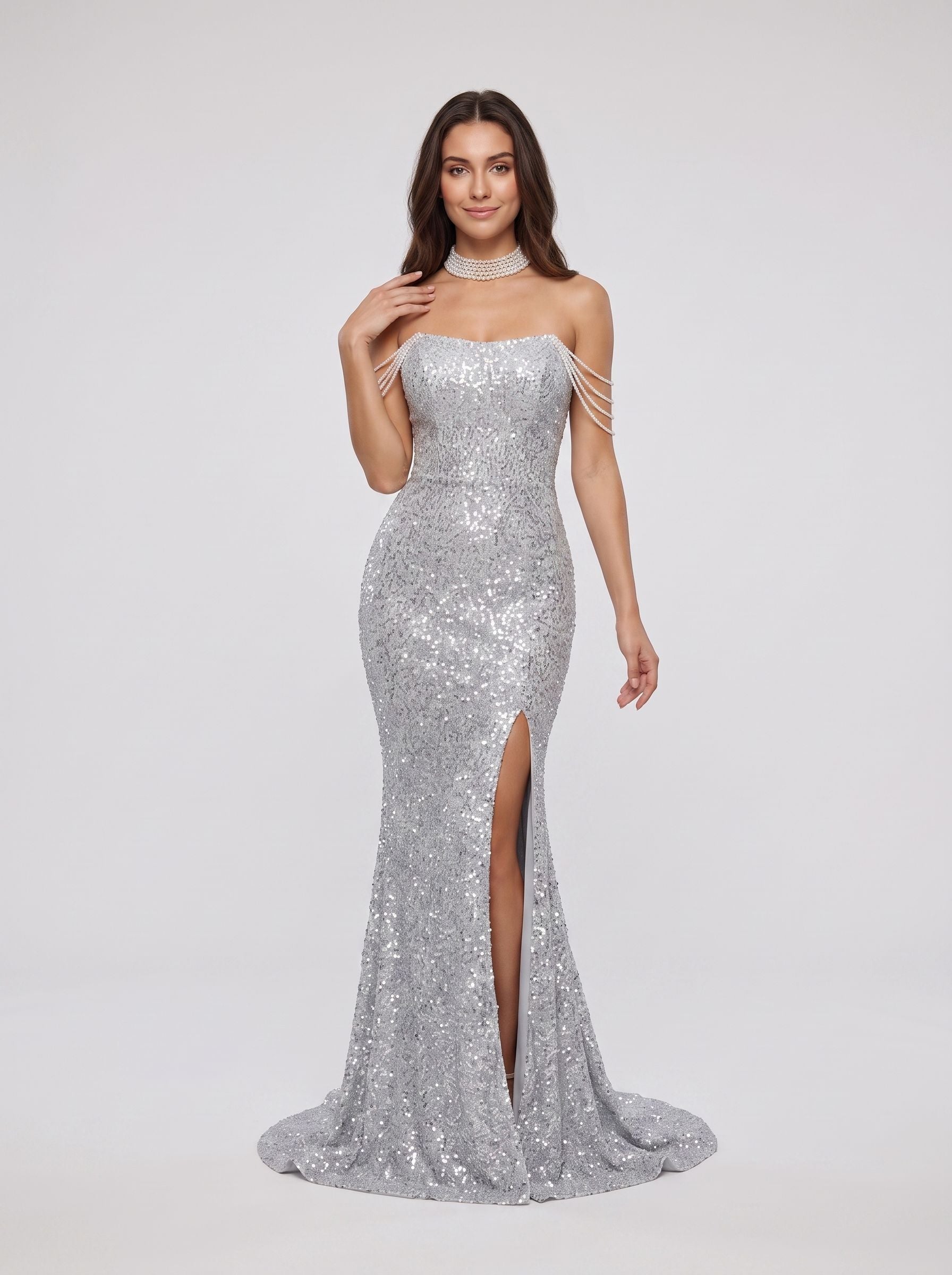 Silver Sequins Sheath Off-the-Shoulder Back Zip Floor-Length Dress with High Side Slit