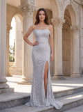 Silver Sequins Sheath Off-the-Shoulder Back Zip Floor-Length Dress with High Side Slit