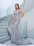 Silver Sequins Sheath V-Neck Corset Back Floor-Length Dress with metallic shimmer