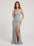 Silver Sequins Mermaid Off-the-Shoulder Lace-up Floor-Length Dress with Split Front