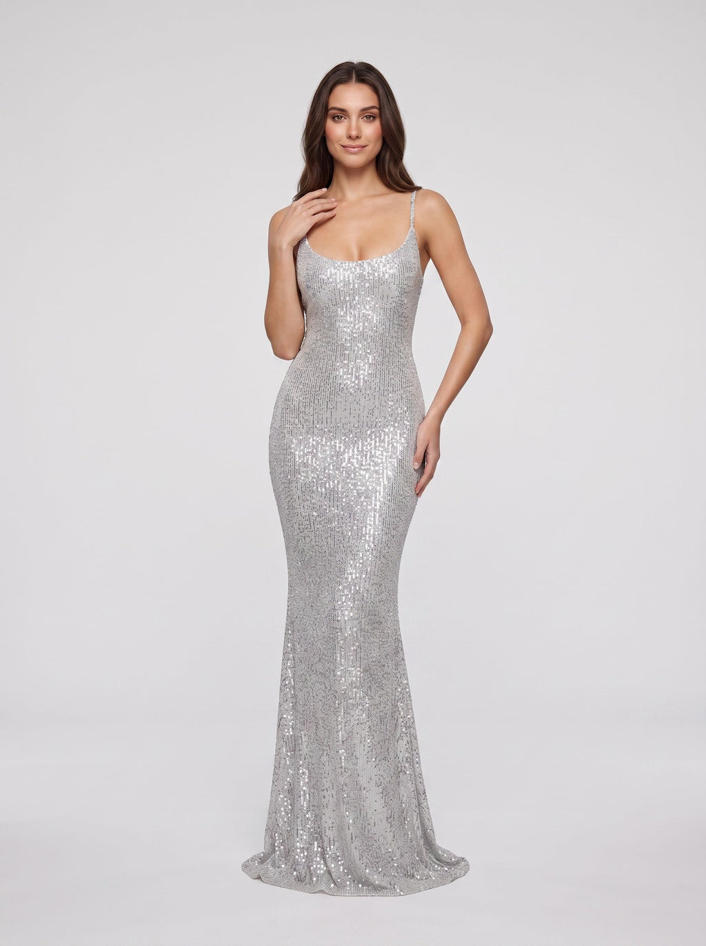 Silver Sequins Sheath Scoop Neck Backless Floor-Length Dress with Spaghetti Straps