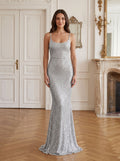 Silver Sequins Sheath Scoop Neck Backless Floor-Length Dress with Spaghetti Straps