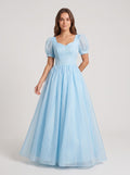 Sky Blue Chiffon A-Line Sweetheart Back Zip Floor-Length Dress with Pleated Bodice