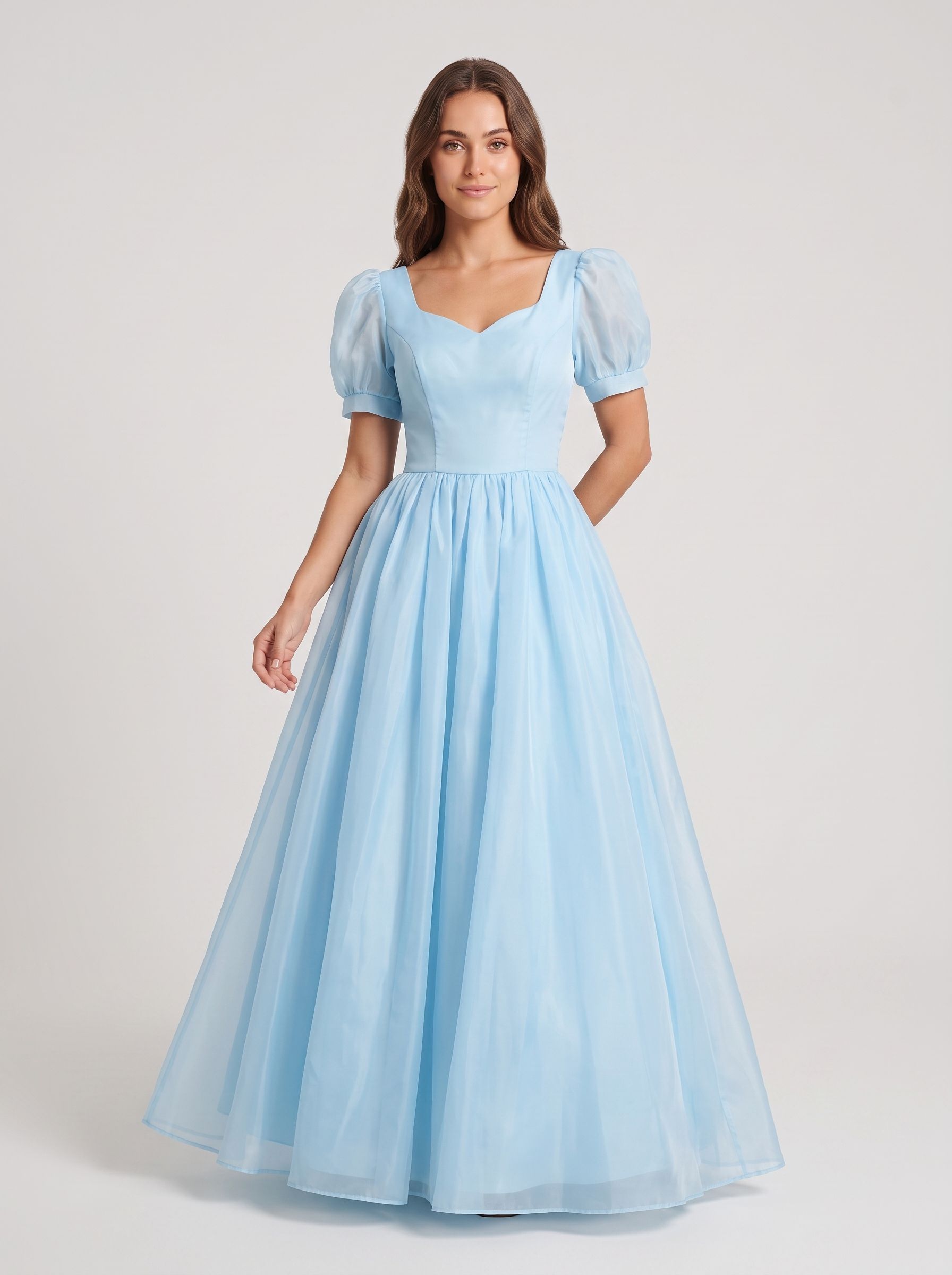 Sky Blue Chiffon A-Line Sweetheart Back Zip Floor-Length Dress with Pleated Bodice