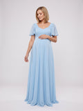Sky Blue Chiffon A-Line Square Neck Back Zip Floor-Length Dress with Convertible Sleeves