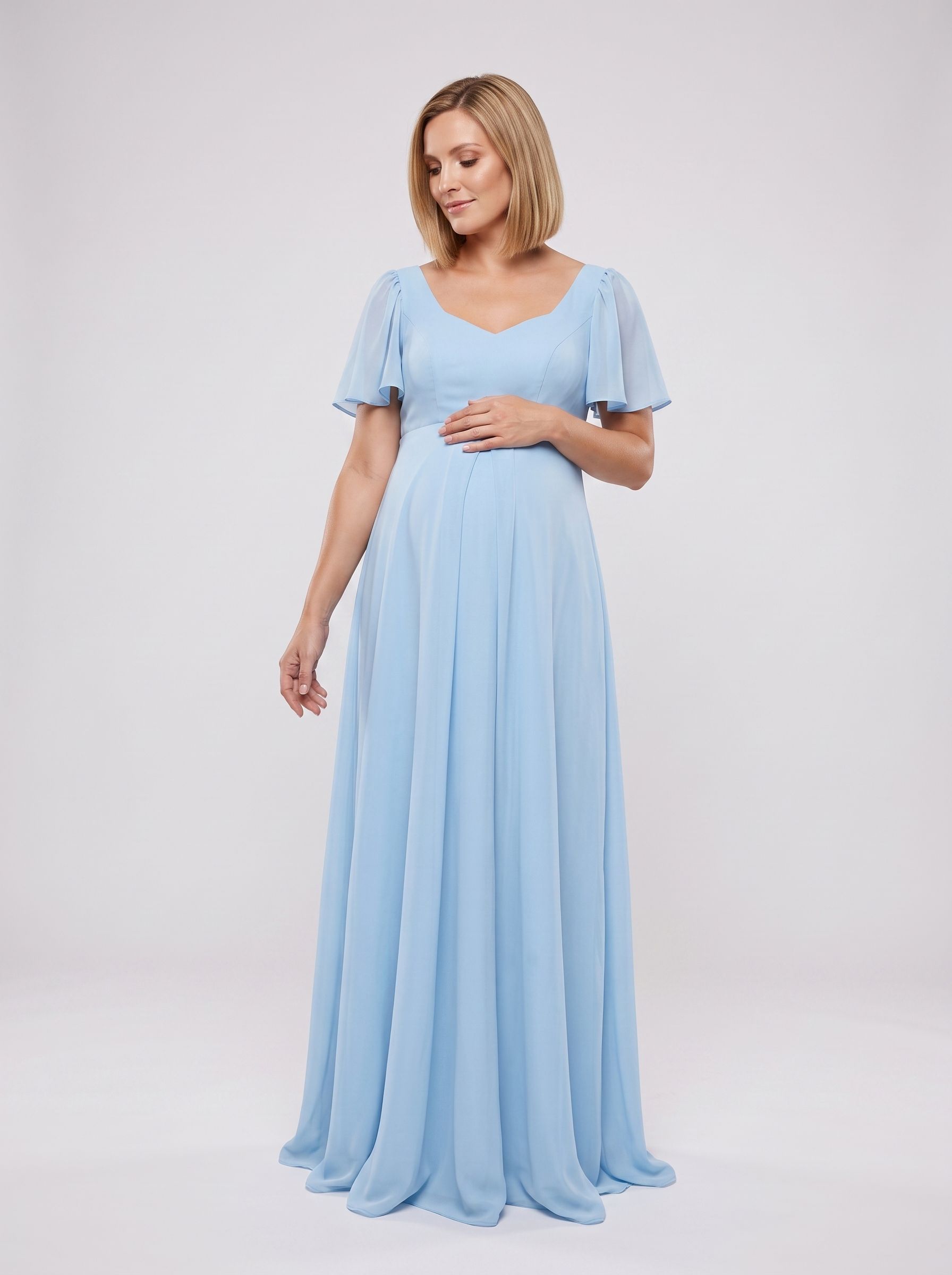 Sky Blue Chiffon A-Line Square Neck Back Zip Floor-Length Dress with Convertible Sleeves