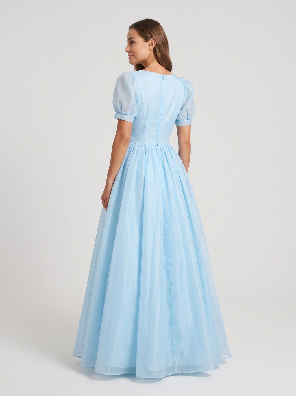 Sky Blue Chiffon A-Line Sweetheart Back Zip Floor-Length Dress with Pleated Bodice