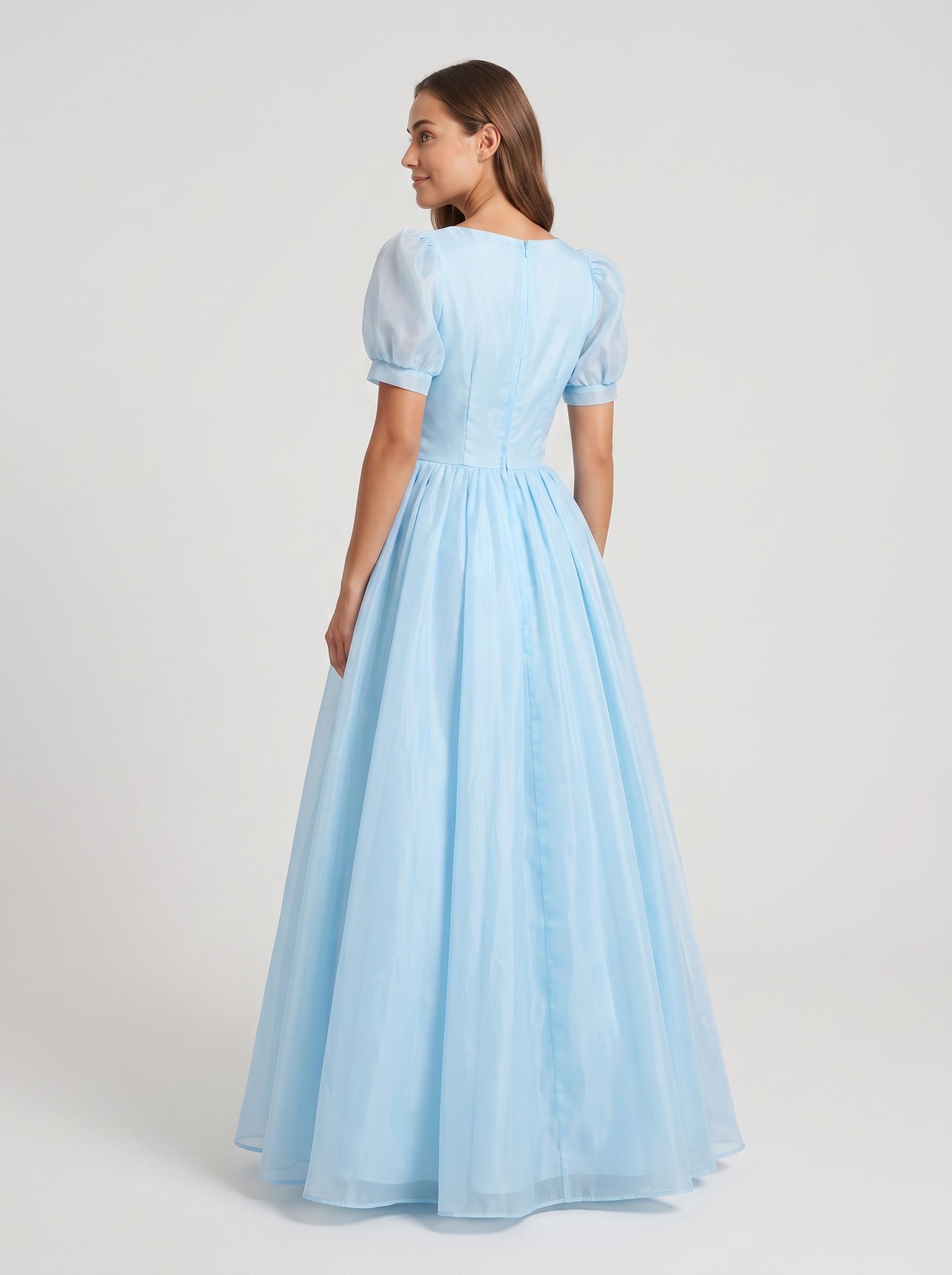 Sky Blue Chiffon A-Line Sweetheart Back Zip Floor-Length Dress with Pleated Bodice