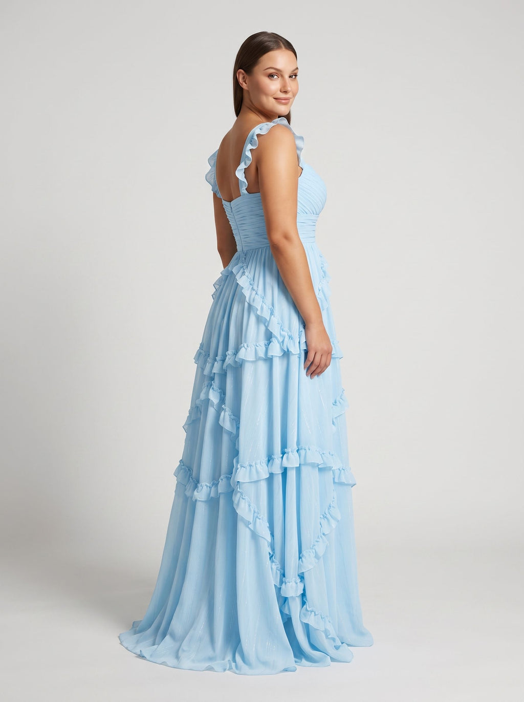 Sky Blue Chiffon A-Line Sweetheart Back Zip Floor-Length Dress with Cascading Ruffles