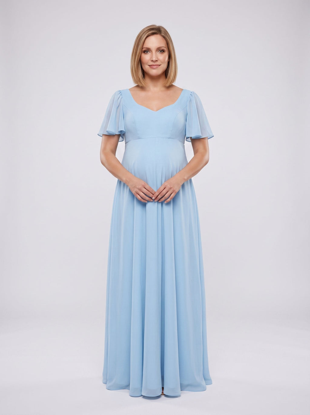 Sky Blue Chiffon A-Line Square Neck Back Zip Floor-Length Dress with Convertible Sleeves