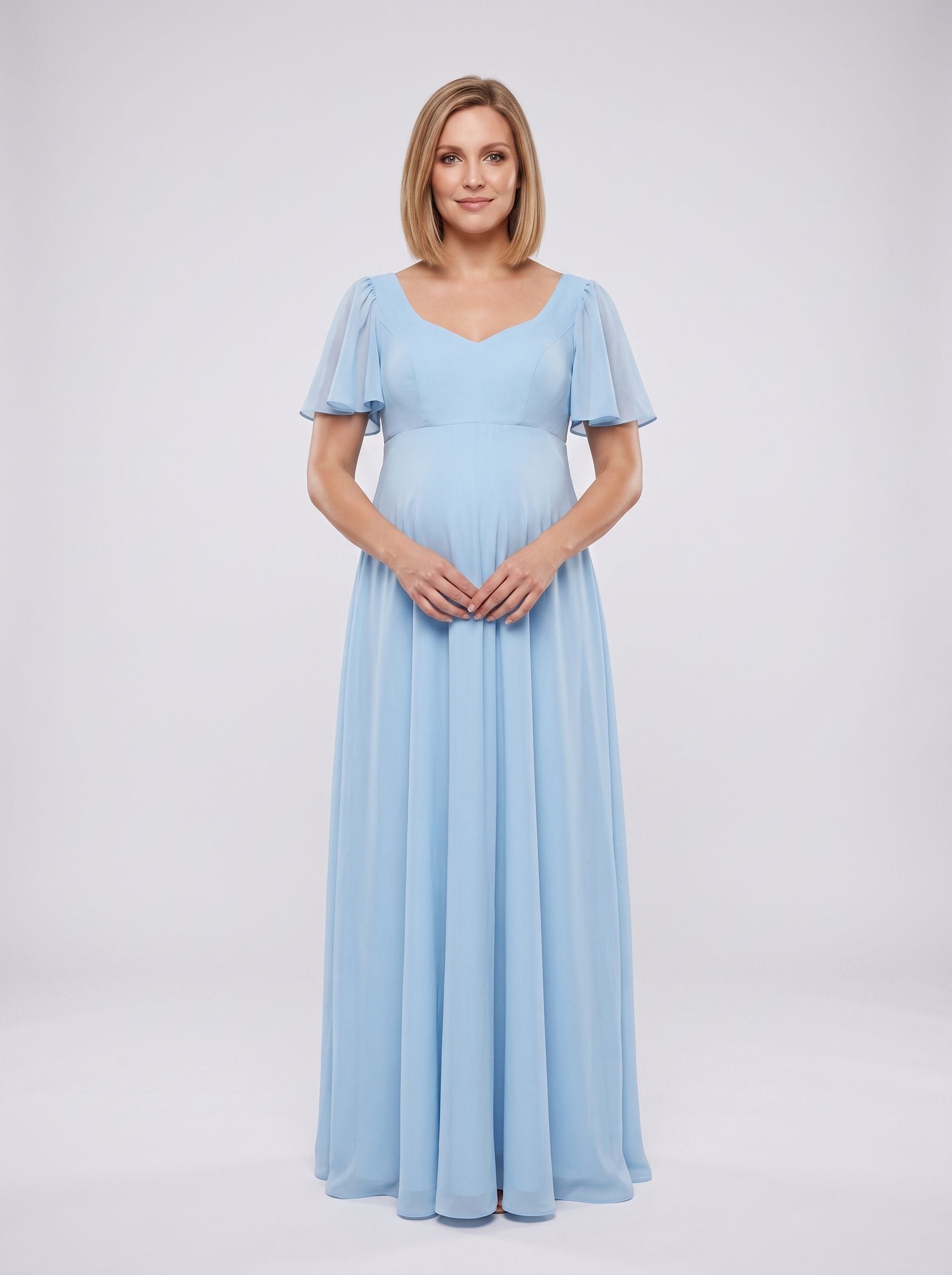 Sky Blue Chiffon A-Line Square Neck Back Zip Floor-Length Dress with Convertible Sleeves