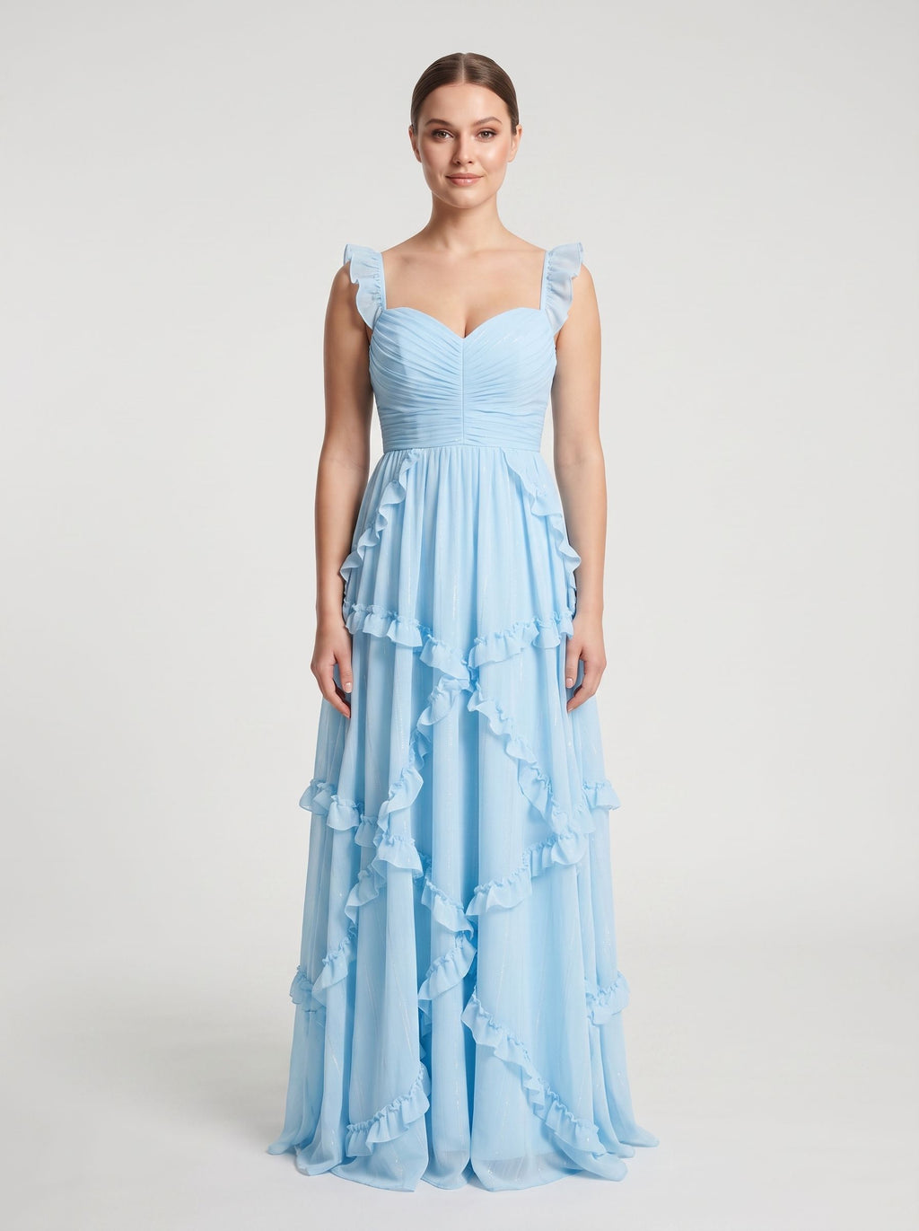 Sky Blue Chiffon A-Line Sweetheart Back Zip Floor-Length Dress with Cascading Ruffles