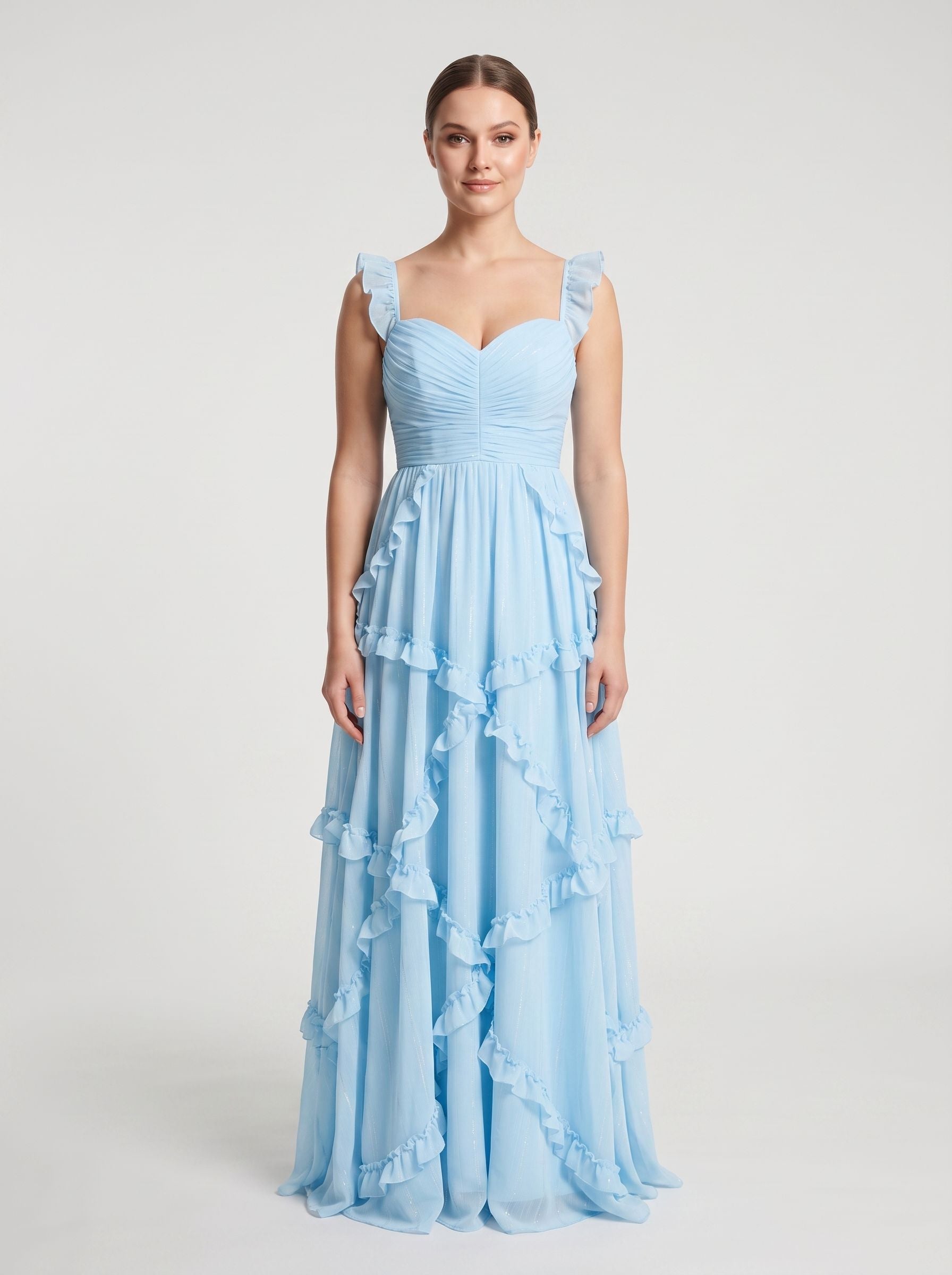 Sky Blue Chiffon A-Line Sweetheart Back Zip Floor-Length Dress with Cascading Ruffles