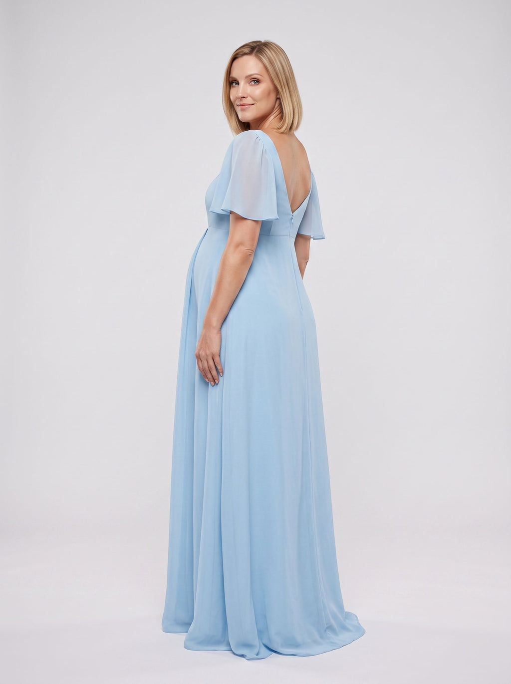 Sky Blue Chiffon A-Line Square Neck Back Zip Floor-Length Dress with Convertible Sleeves