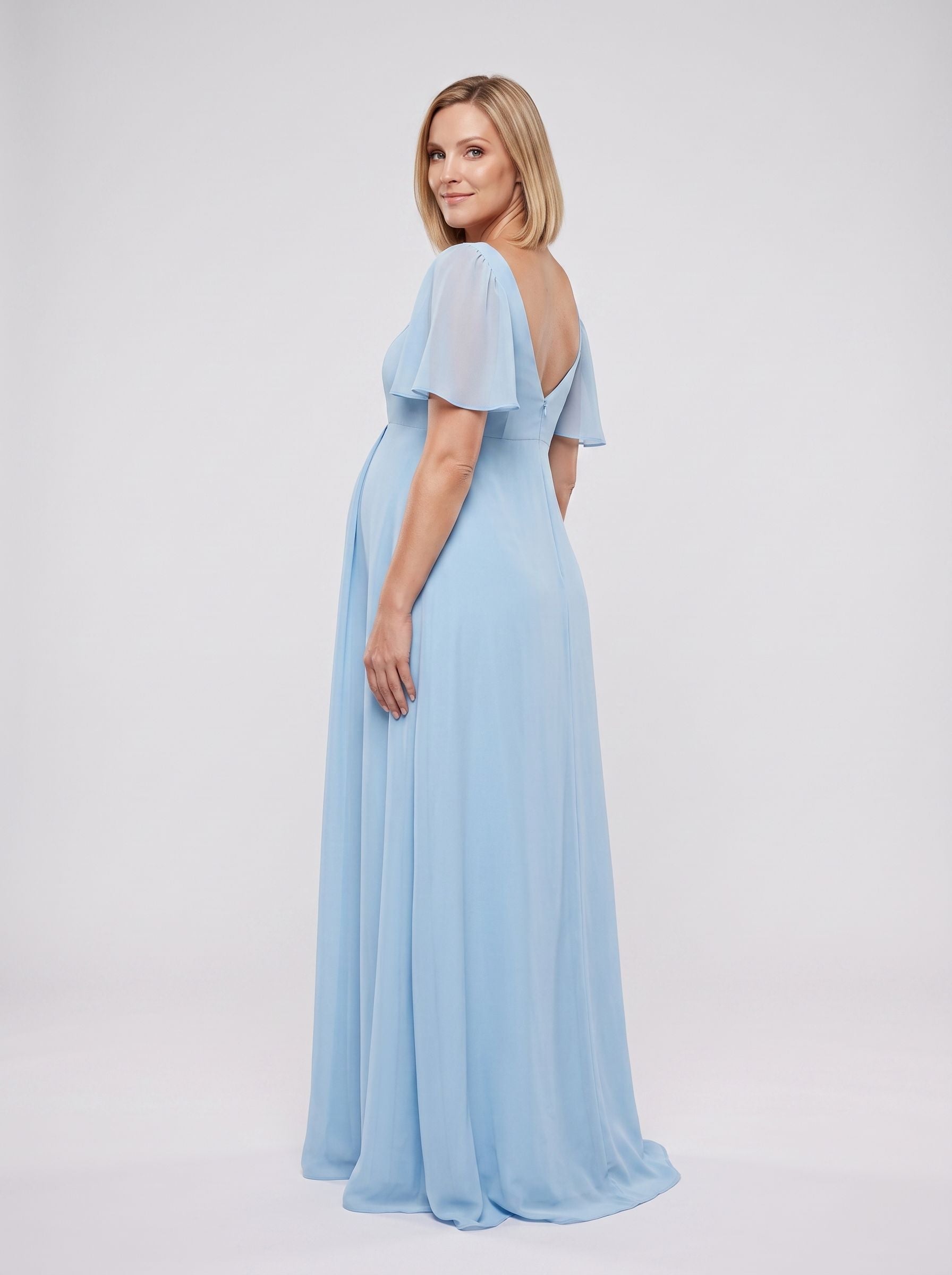 Sky Blue Chiffon A-Line Square Neck Back Zip Floor-Length Dress with Convertible Sleeves
