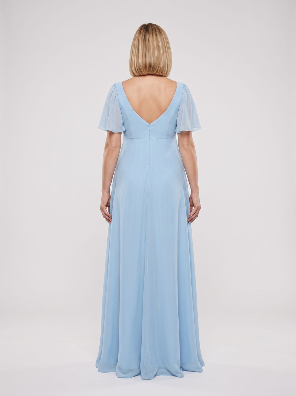 Sky Blue Chiffon A-Line Square Neck Back Zip Floor-Length Dress with Convertible Sleeves