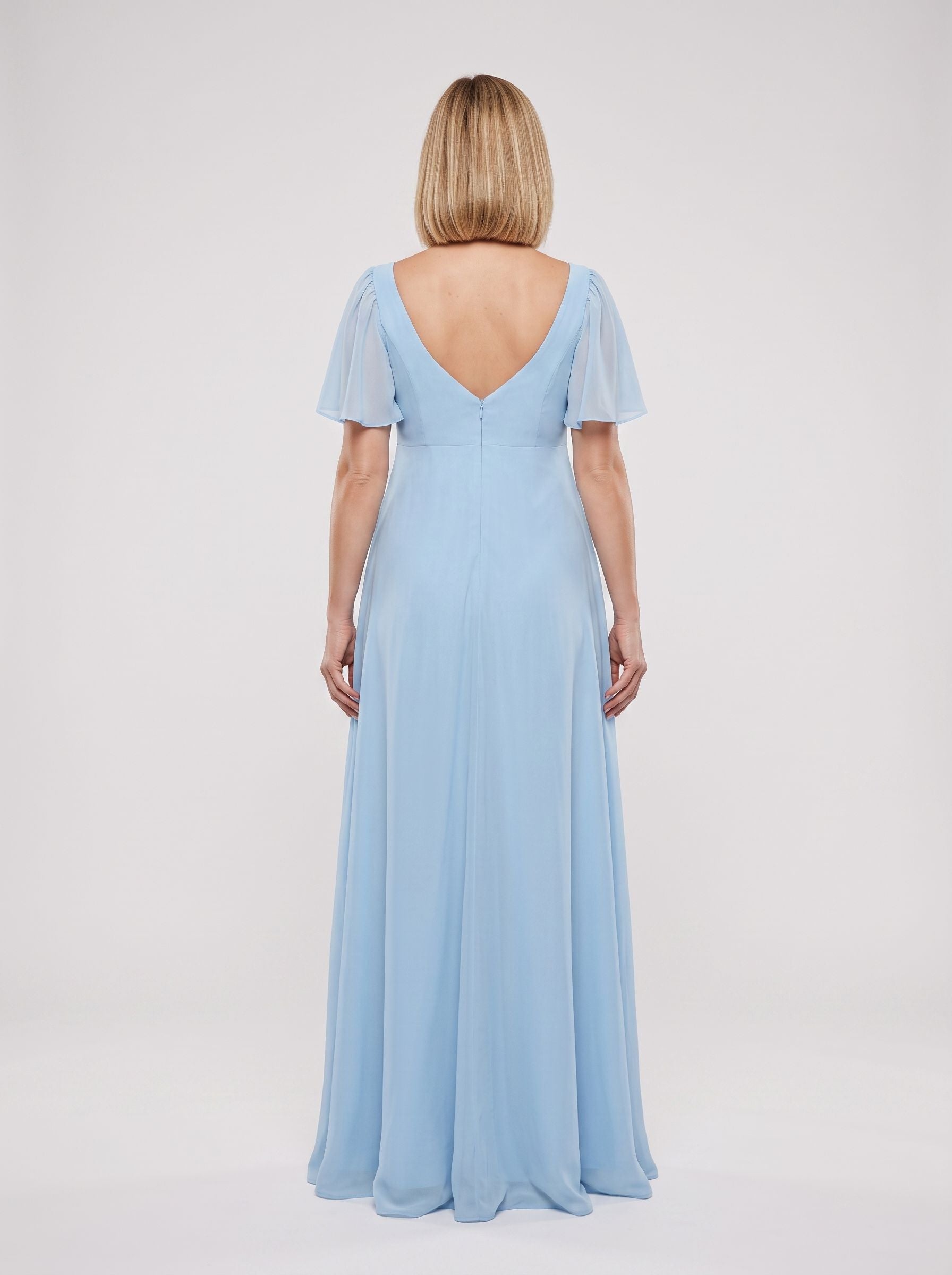Sky Blue Chiffon A-Line Square Neck Back Zip Floor-Length Dress with Convertible Sleeves