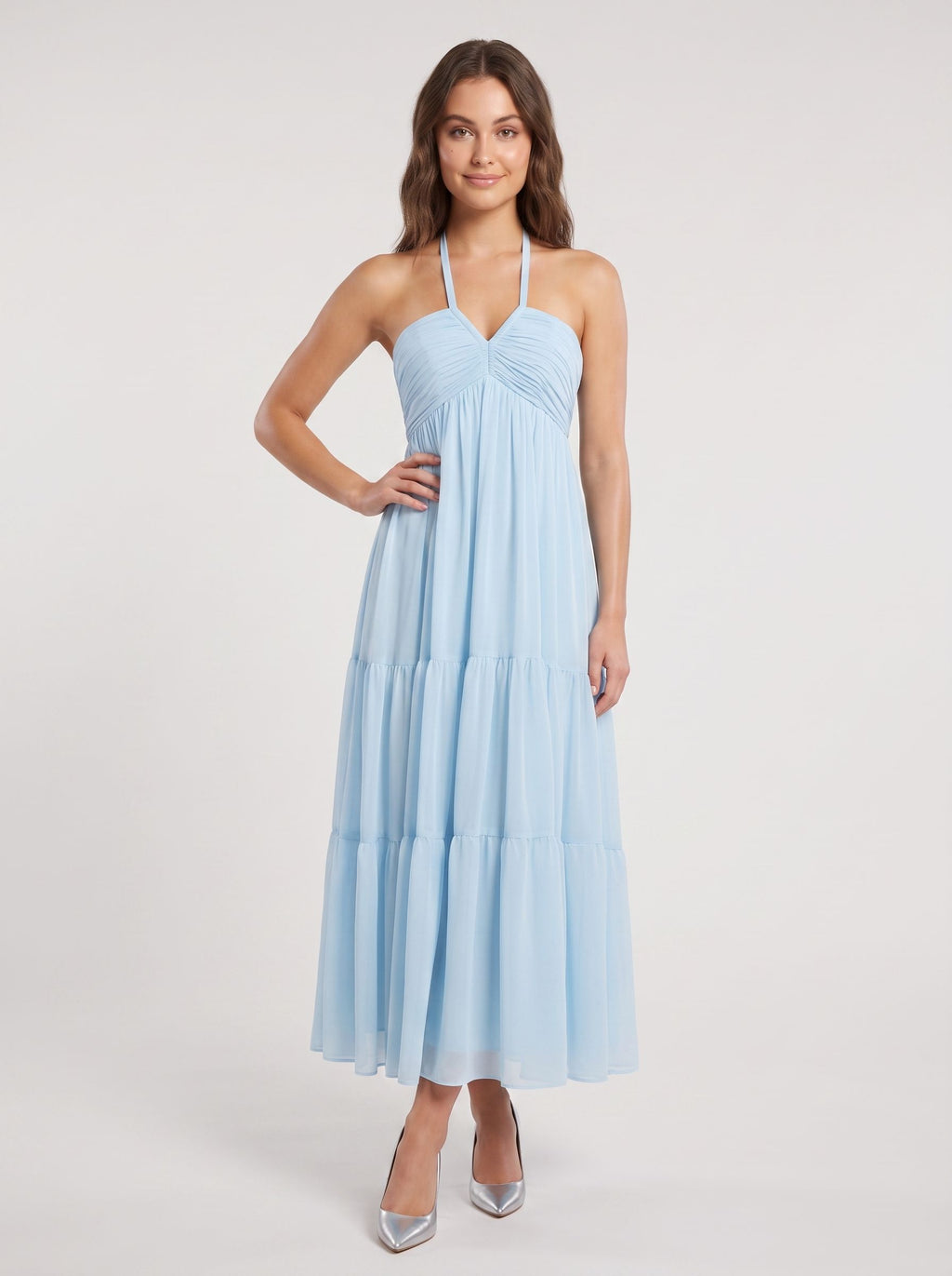 Sky Blue Chiffon A-Line Halter neckline Lace-up Floor-Length Dress with Pleated Bodice