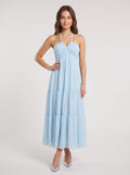 Sky Blue Chiffon A-Line Halter neckline Lace-up Floor-Length Dress with Pleated Bodice