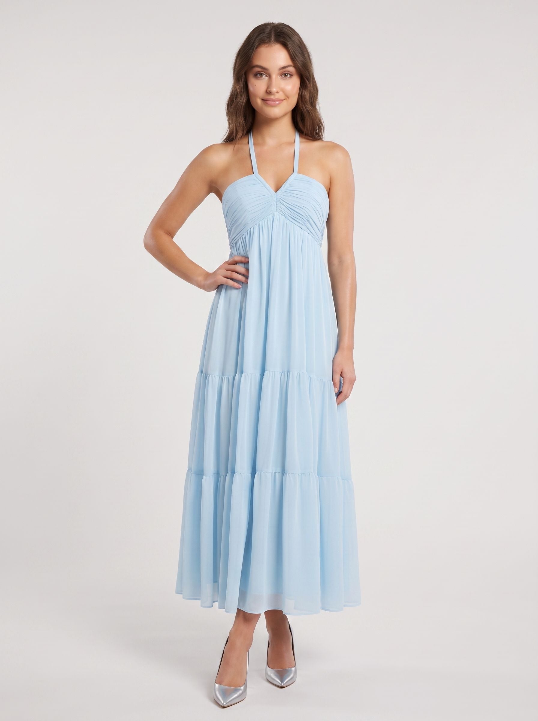 Sky Blue Chiffon A-Line Halter neckline Lace-up Floor-Length Dress with Pleated Bodice