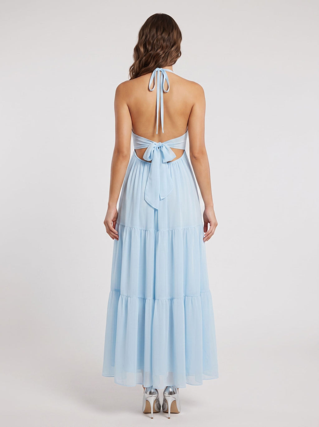 Sky Blue Chiffon A-Line Halter neckline Lace-up Floor-Length Dress with Pleated Bodice