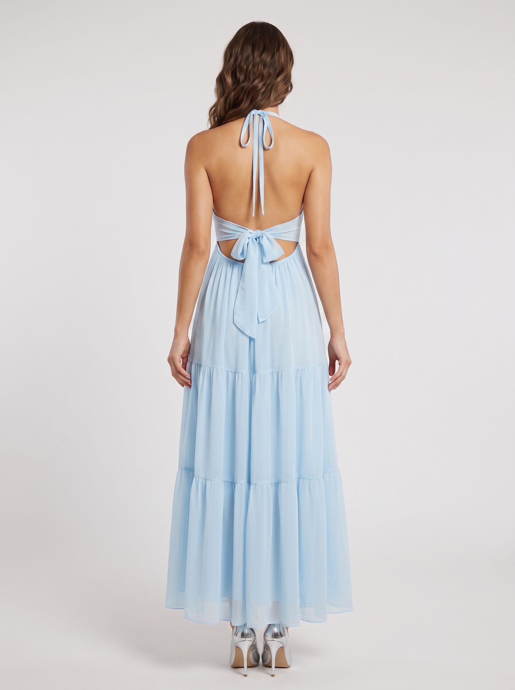 Sky Blue Chiffon A-Line Halter neckline Lace-up Floor-Length Dress with Pleated Bodice