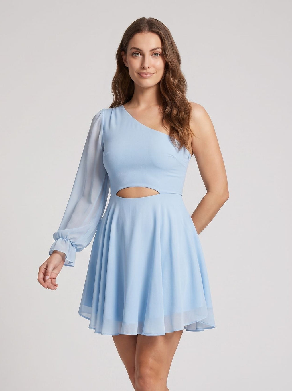 Sky Blue Chiffon A-Line One Shoulder Back Zip Short Dress with Cutout Waist
