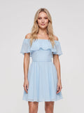 Sky Blue Chiffon A-Line Off-the-Shoulder Criss-Cross Straps Short Dress with Pleated Bodice