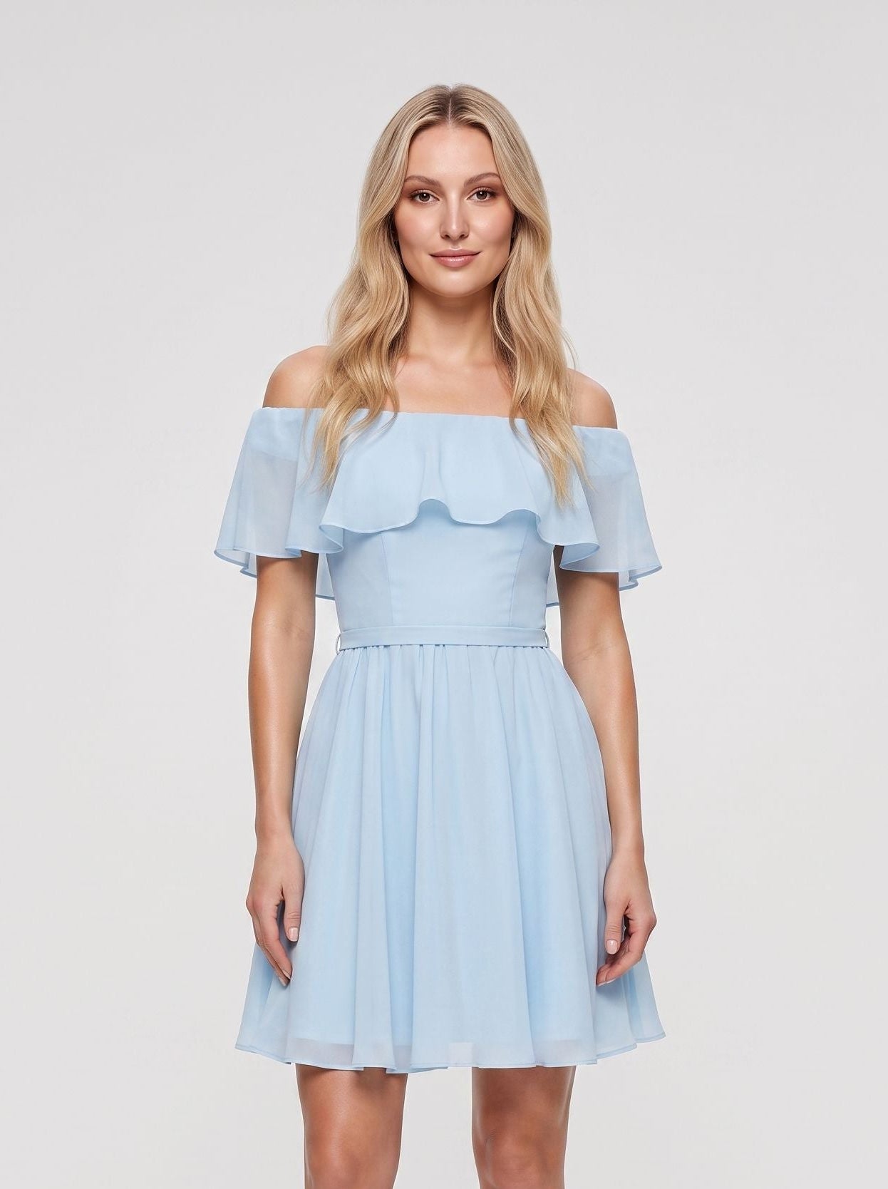 Sky Blue Chiffon A-Line Off-the-Shoulder Criss-Cross Straps Short Dress with Pleated Bodice
