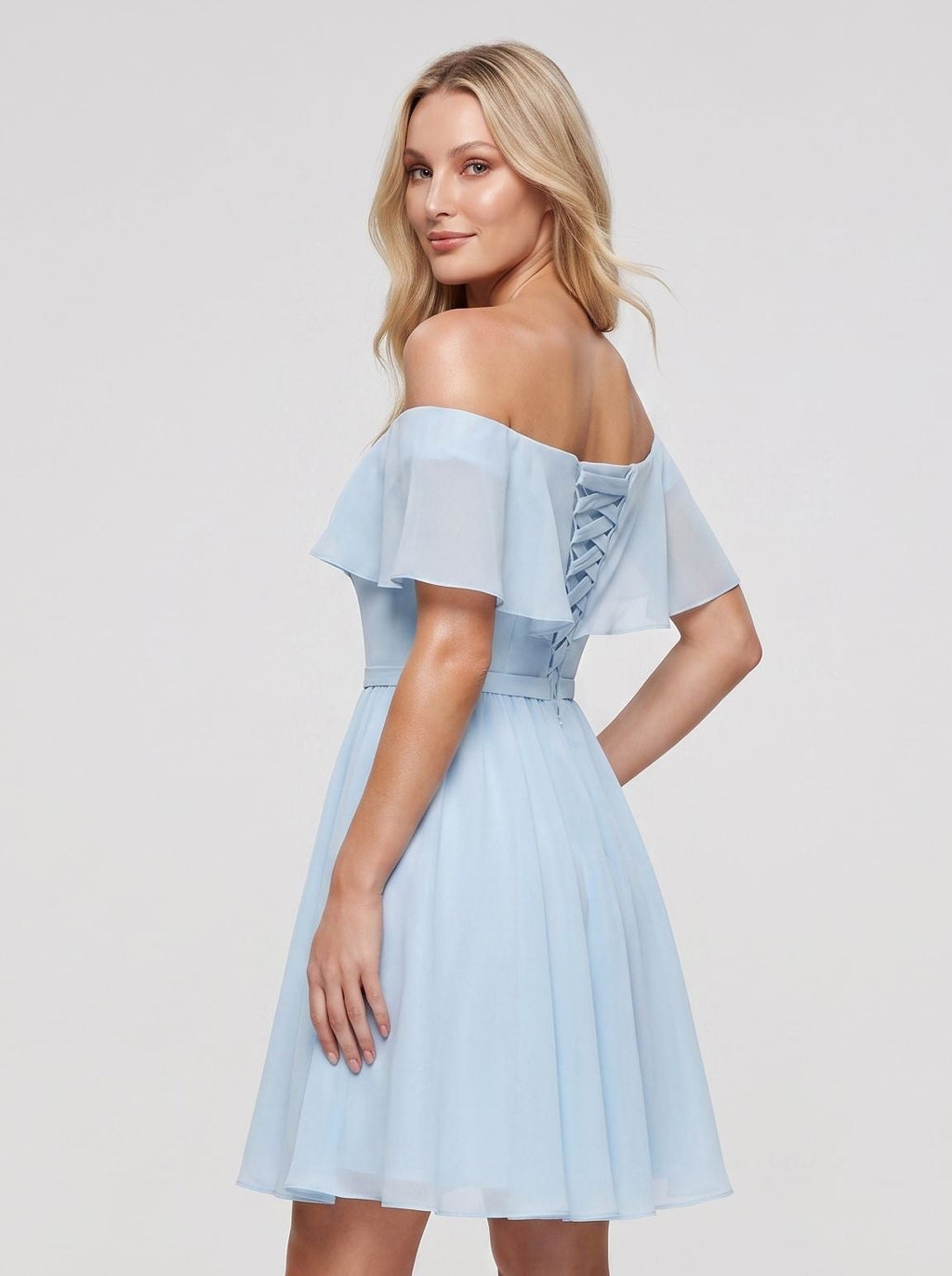 Sky Blue Chiffon A-Line Off-the-Shoulder Criss-Cross Straps Short Dress with Pleated Bodice