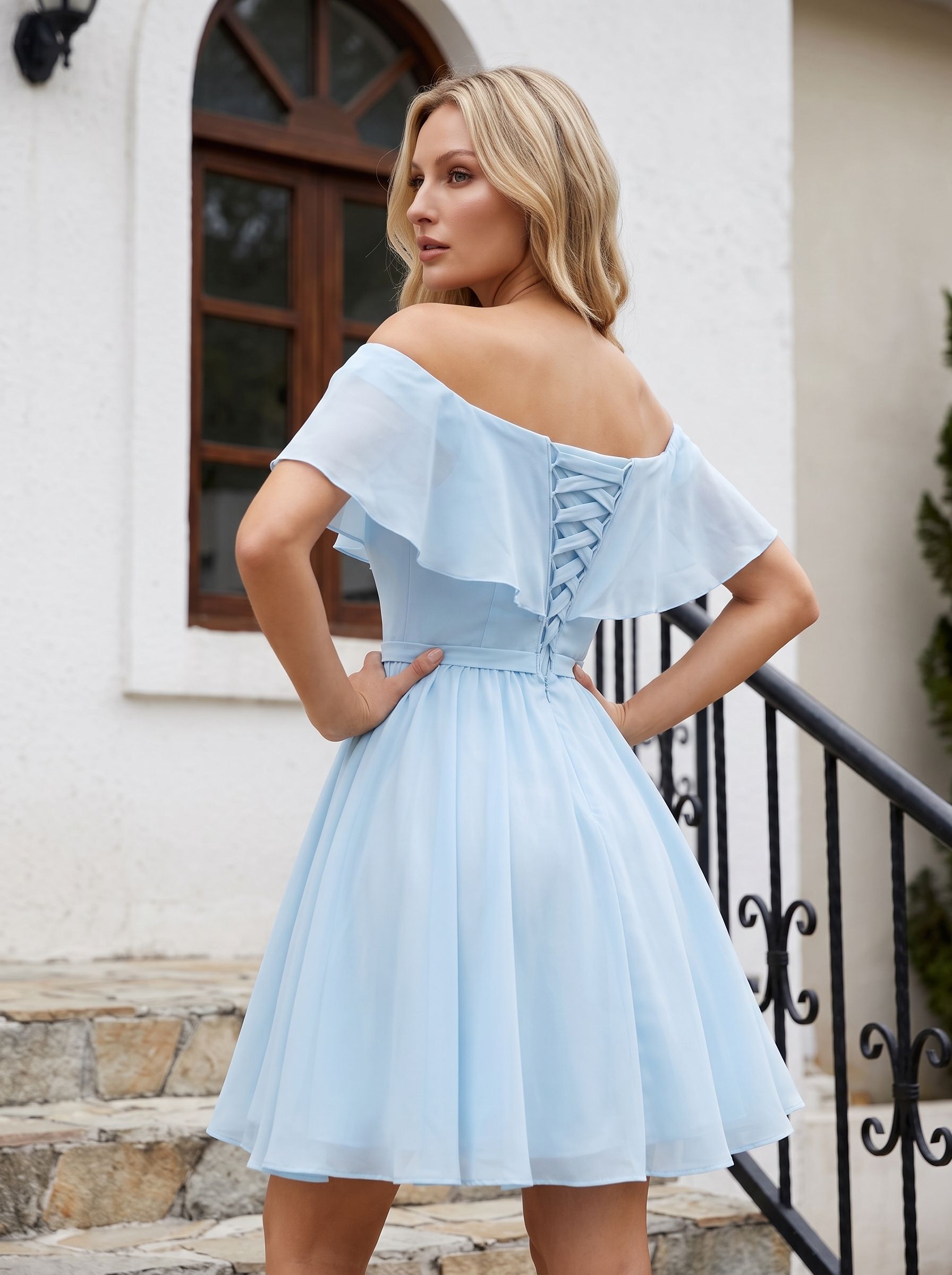 Sky Blue Chiffon A-Line Off-the-Shoulder Criss-Cross Straps Short Dress with Pleated Bodice