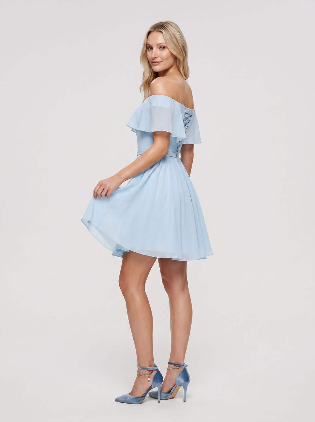 Sky Blue Chiffon A-Line Off-the-Shoulder Criss-Cross Straps Short Dress with Pleated Bodice