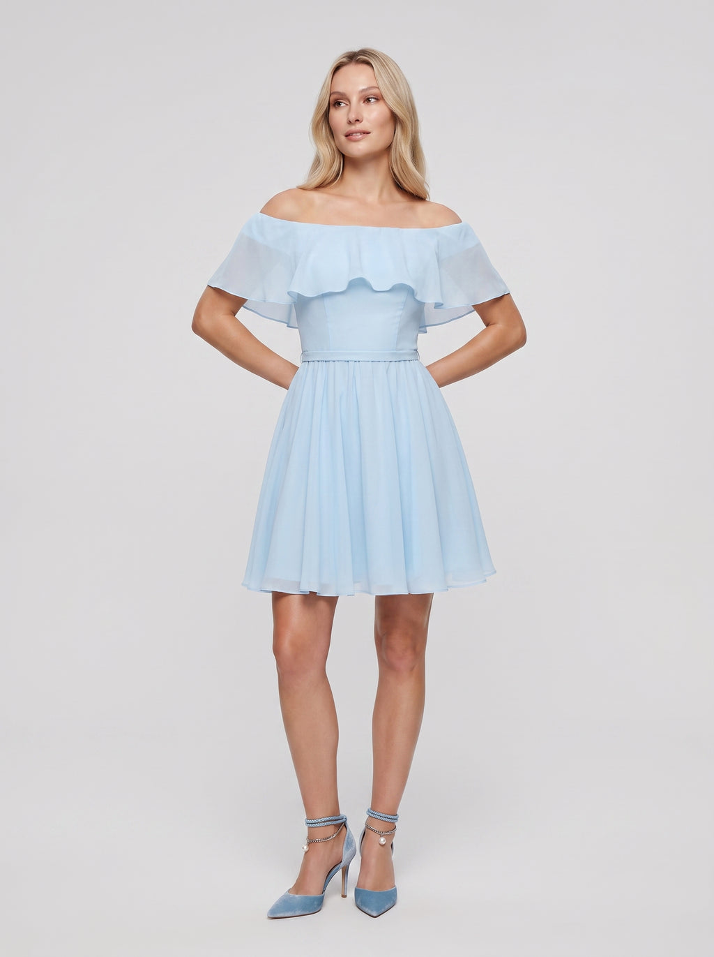 Sky Blue Chiffon A-Line Off-the-Shoulder Criss-Cross Straps Short Dress with Pleated Bodice