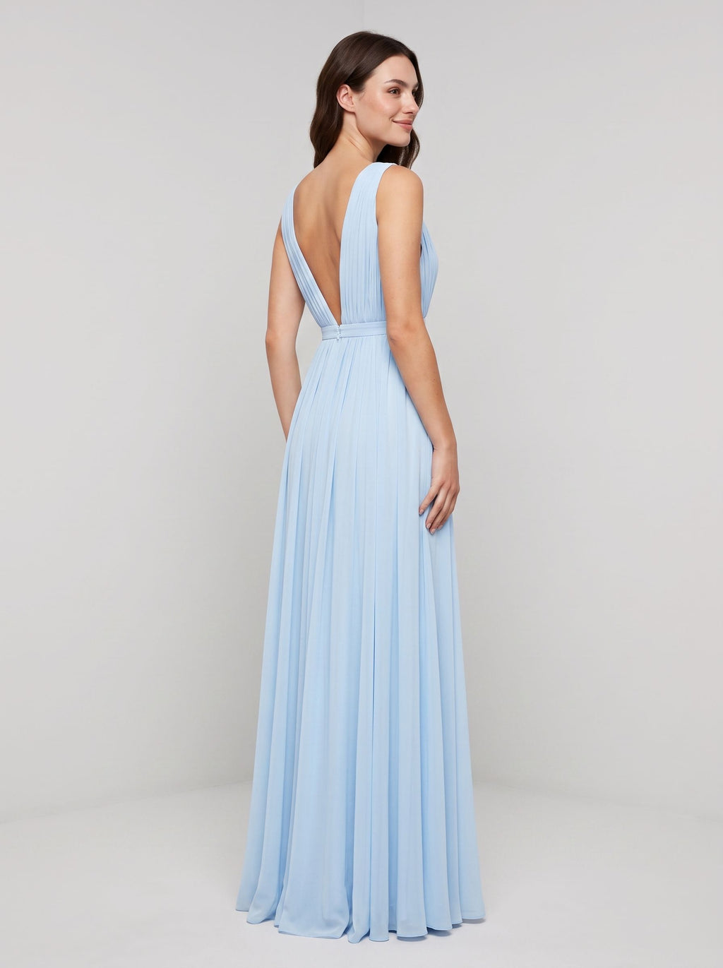 Sky Blue Chiffon A-Line V-Neck V-Back Floor-Length Dress with Pleated Bodice and Slit