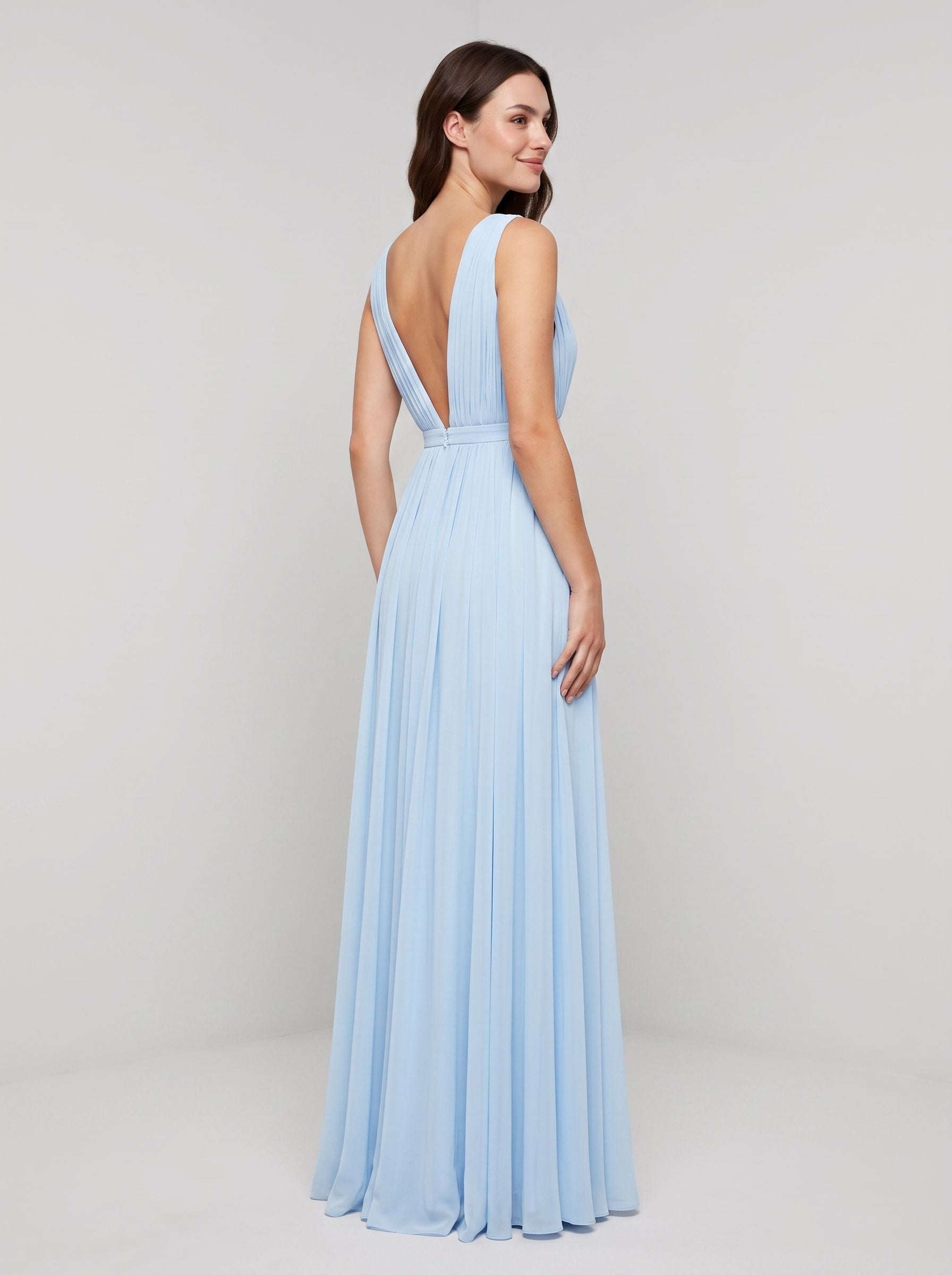 Sky Blue Chiffon A-Line V-Neck V-Back Floor-Length Dress with Pleated Bodice and Slit