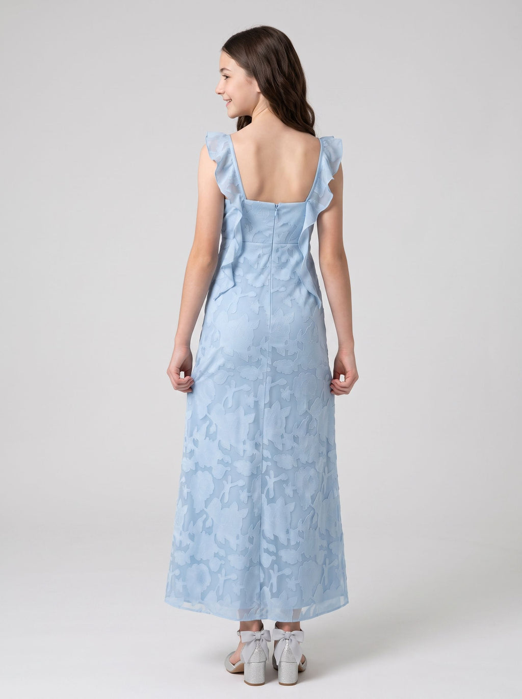 Sky Blue Chiffon Mermaid Square Neck Back Zip Floor-Length Dress with Floral Burnout